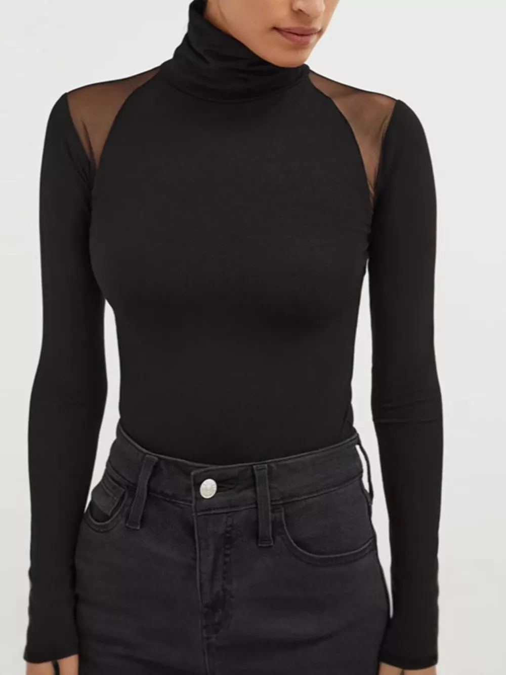 Mesh Shoulder Turtleneck Bodysuit