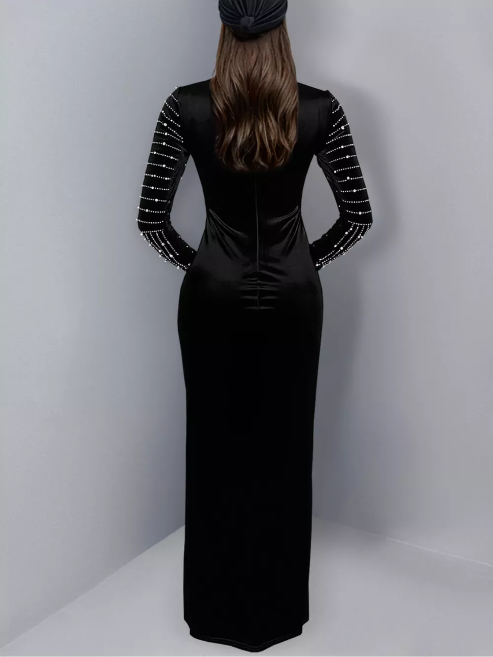 Rhinestone Embellished Mock Neck Long Sleeve Maxi Dress, image 2