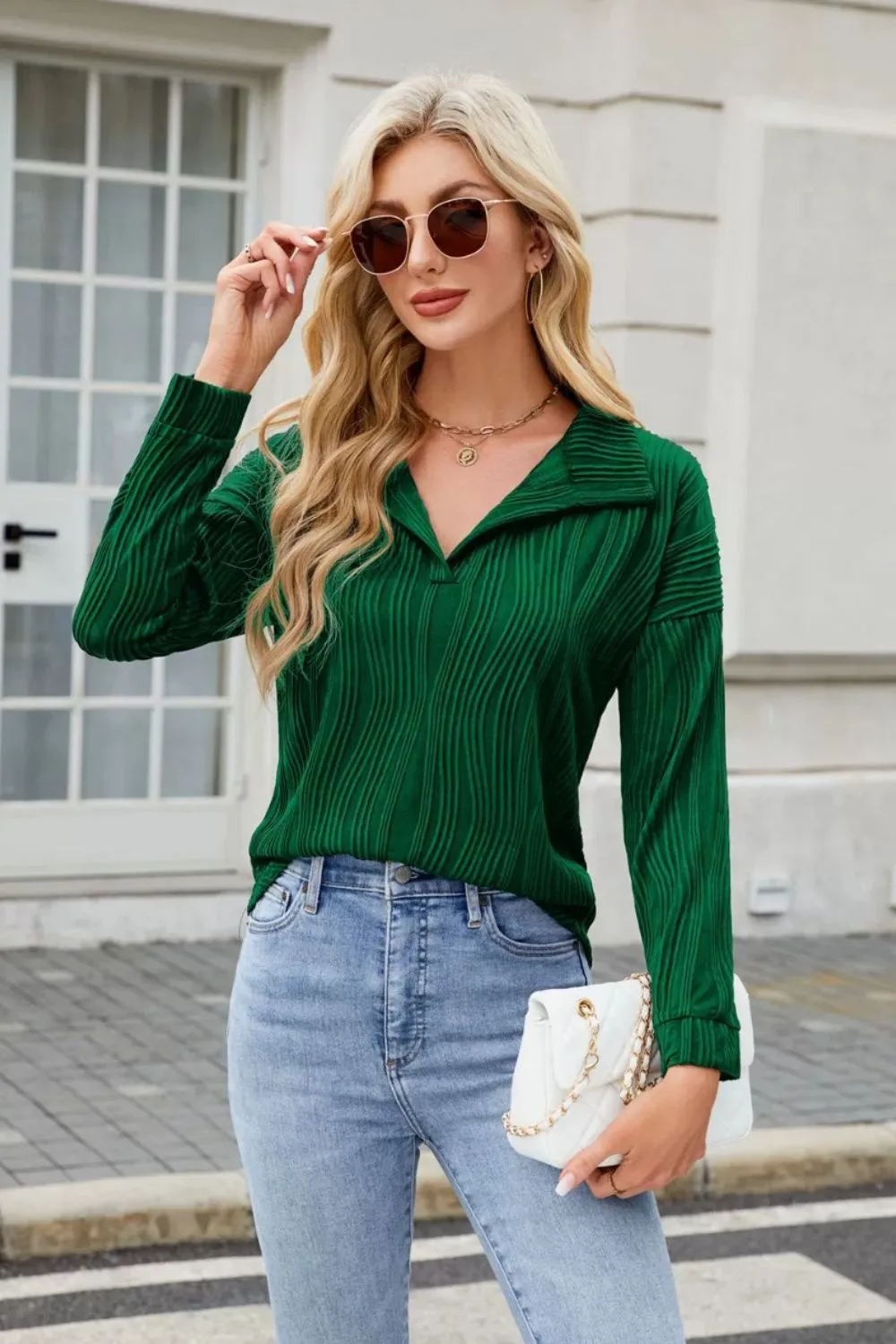 Texture Collared Neck Long Sleeve Blouse, image 2