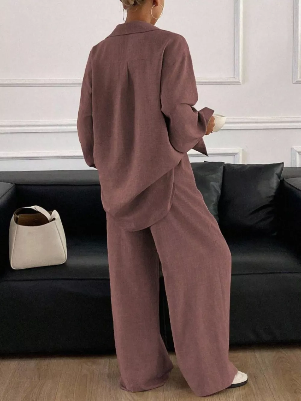 Button Up Long Sleeve Shirt and Wide Leg Pants Set, image 11