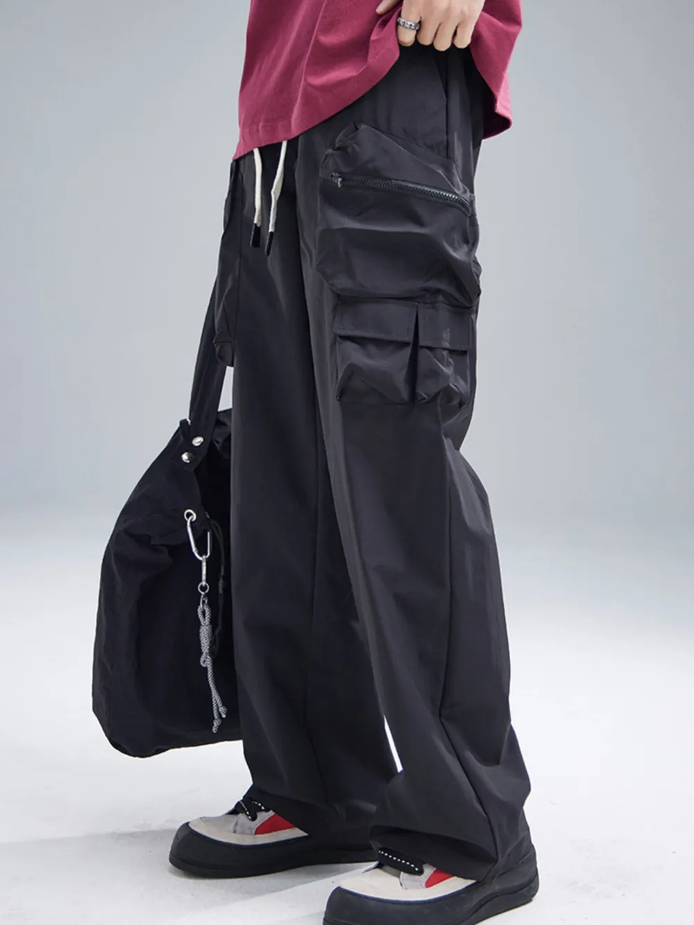 Men's Multi-Pocket Cargo Wide Leg Pants with Drawstring Waist, image 2