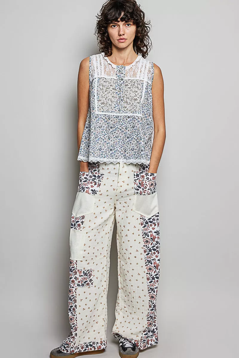 Printed Woven Lace Back Round Neck Sleeveless Top, image 2