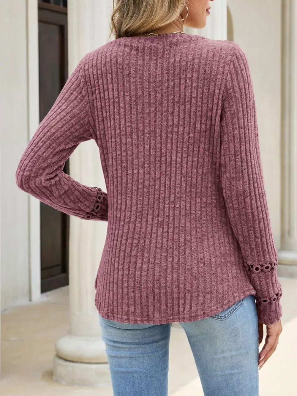 V-Neck Ribbed Knit Top with Eyelet Cuff Detail, image 13