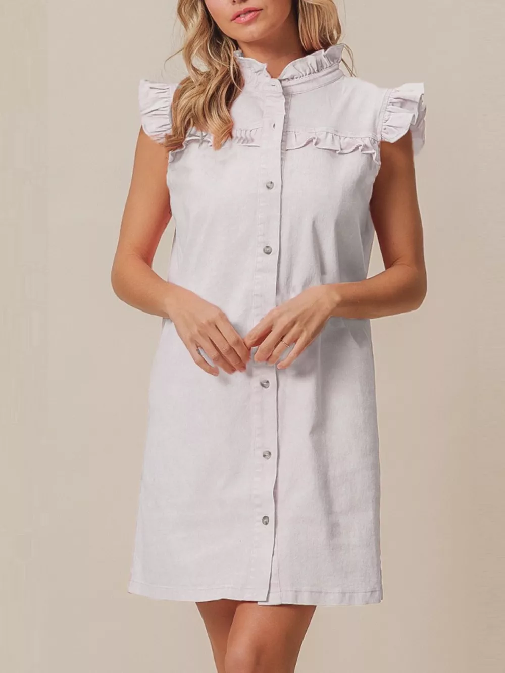 Ruffled Trim Button-Down Denim Dress, image 3