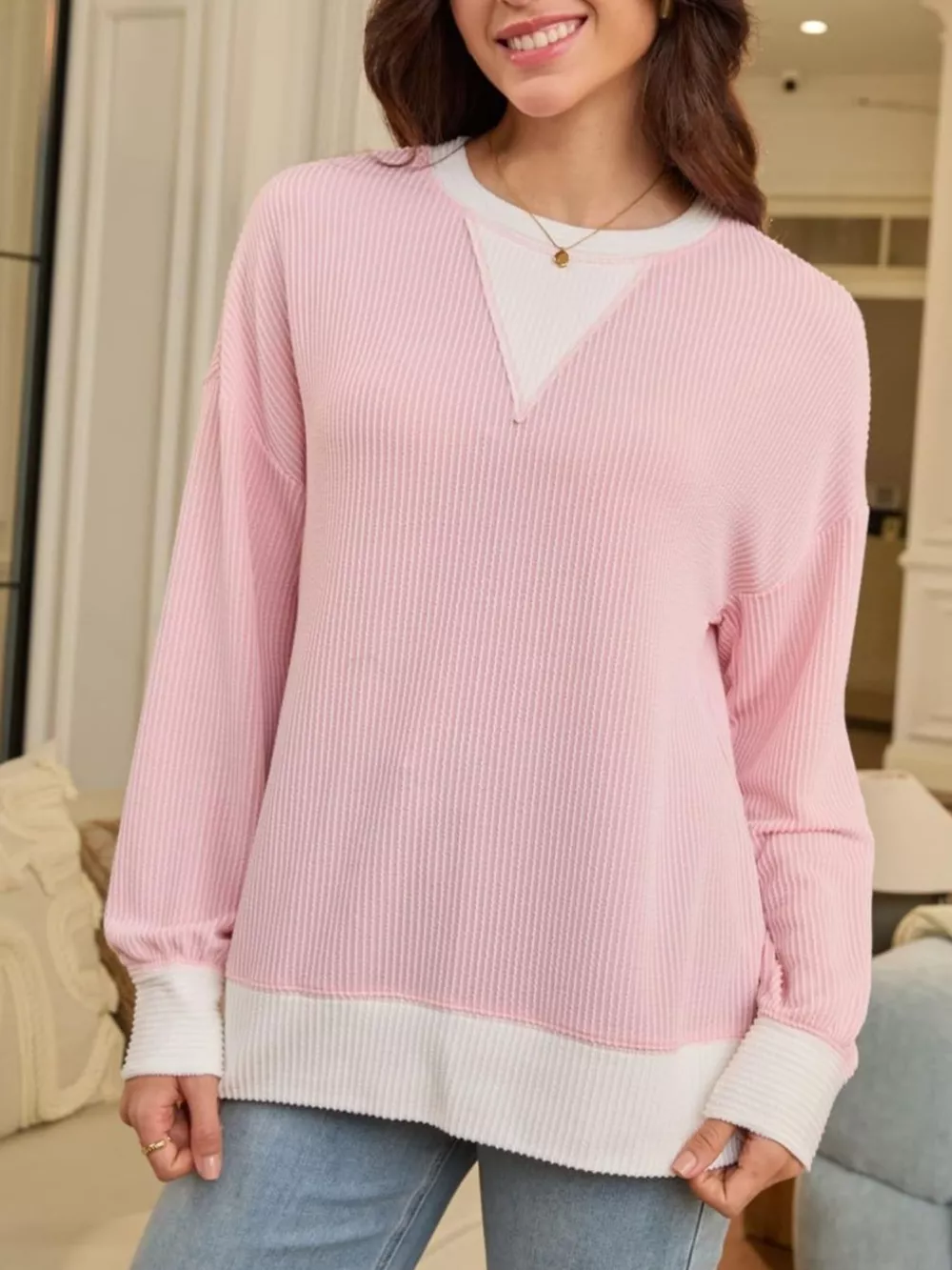 Two-Tone Ribbed Knit Sweatshirt, image 8