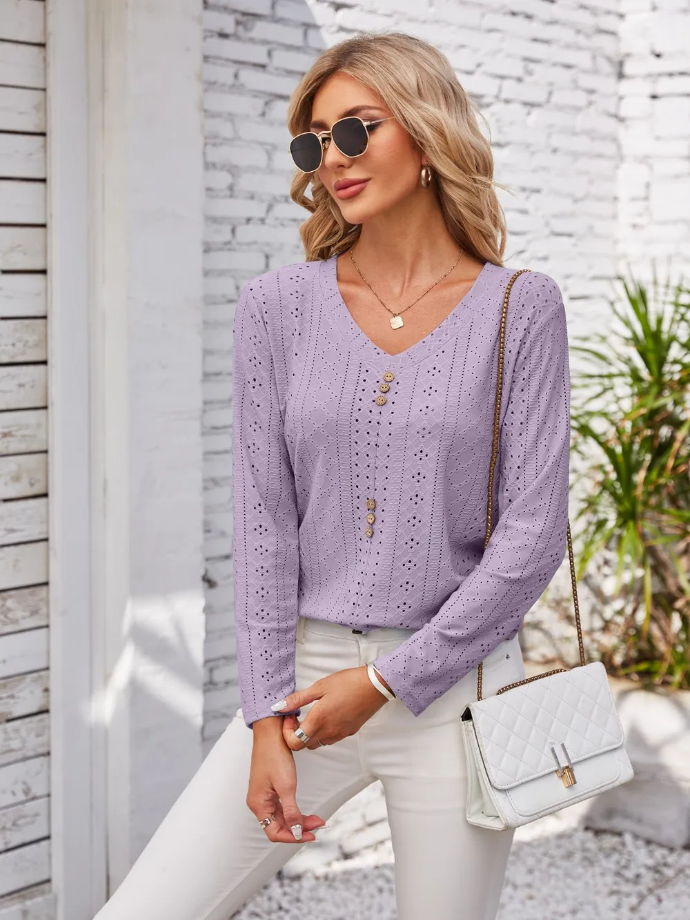 Decorative Button Openwork V-Neck T-Shirt, image 23