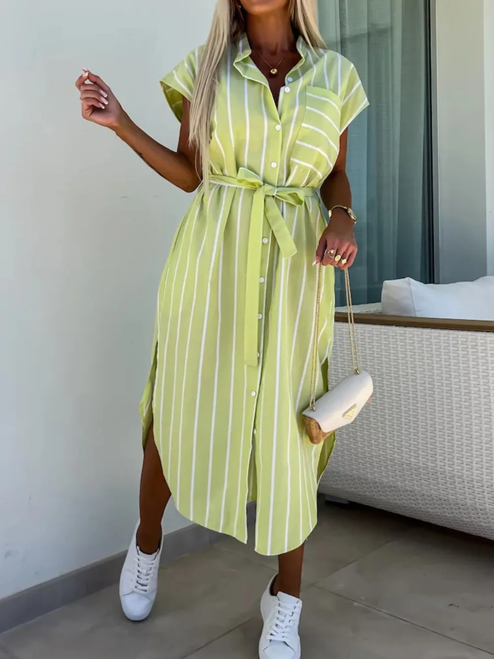 Striped Tie Waist Short Sleeve Dress, image 4