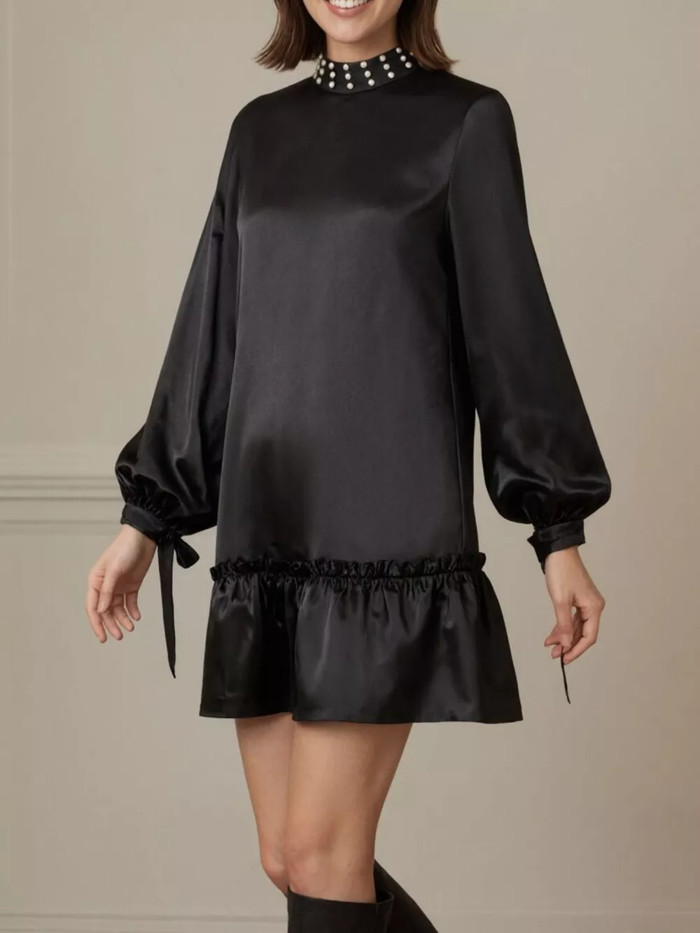 Pearl-Embellished Mock Neck Ruffle Hem Dress, image 2