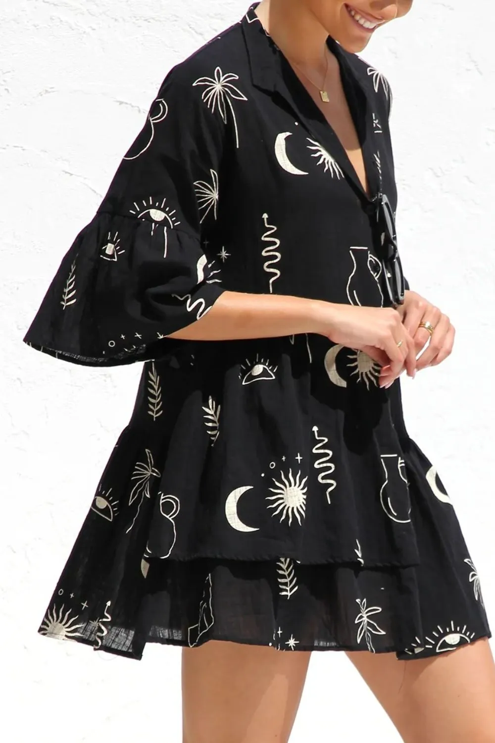 Ruched Printed Three-Quarter Sleeve Mini Dress, image 3