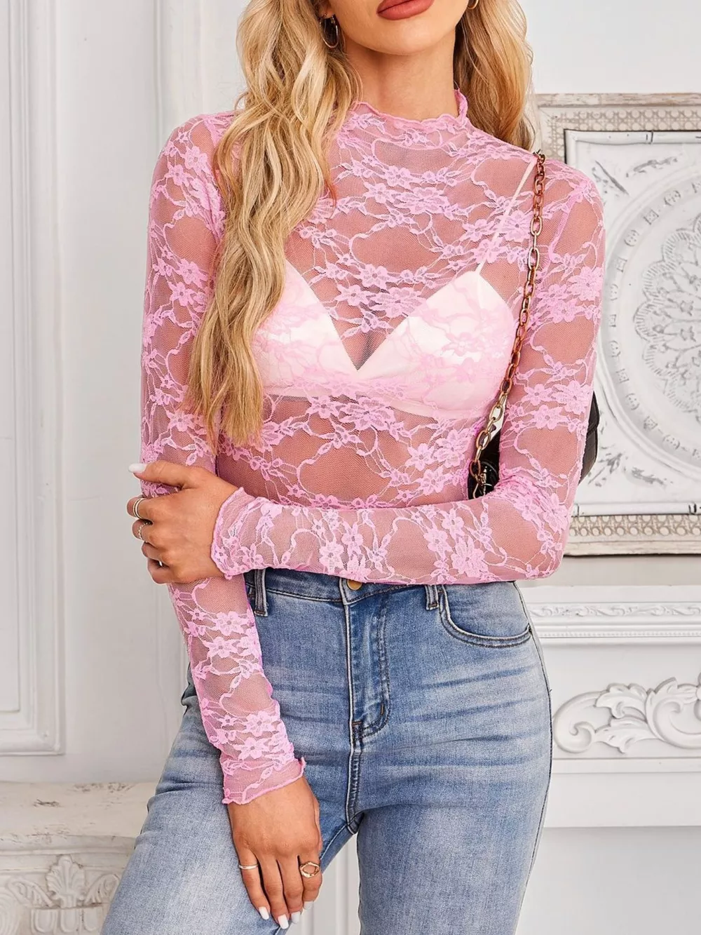 Sheer Floral Lace Long Sleeve Top, image 20