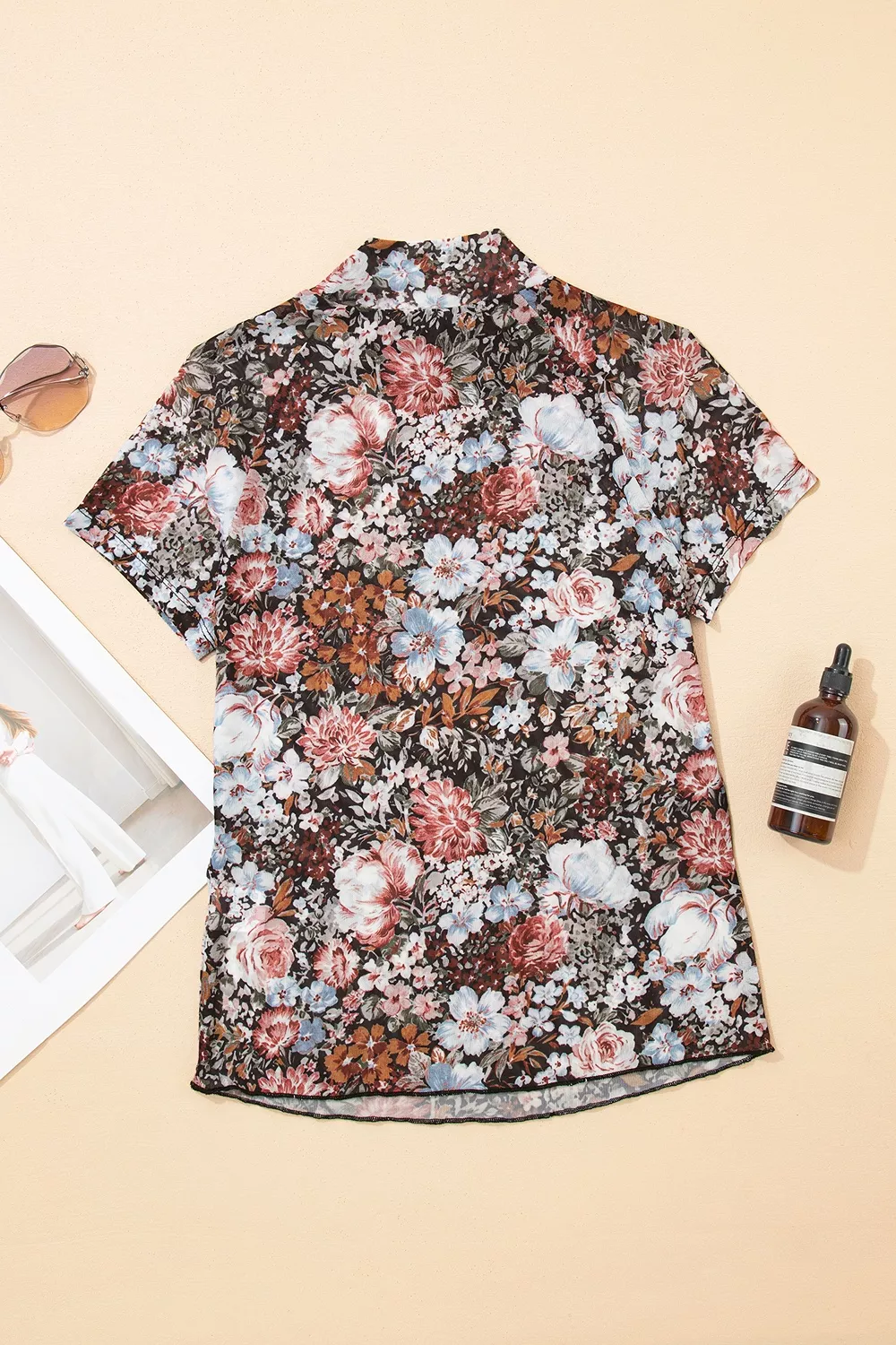 Floral Print Mock Neck Sheer Mesh Top, image 5