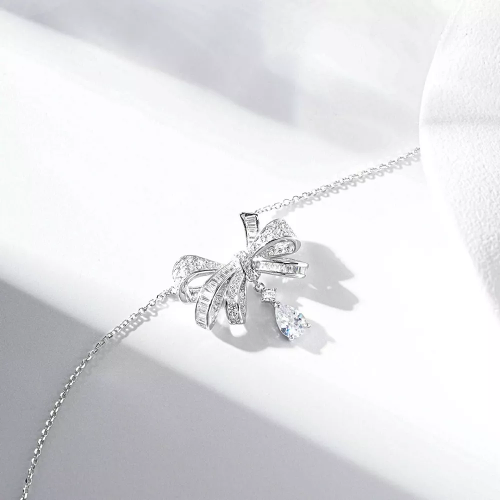 925 Sterling Silver Zircon Bow Teardrop Necklace, image 3