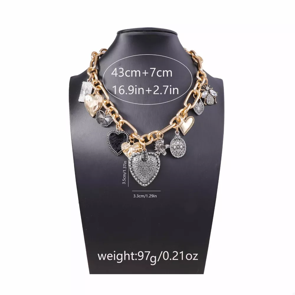18K Gold-Plated Alloy Heart Charm Chain Statement Necklace, image 2