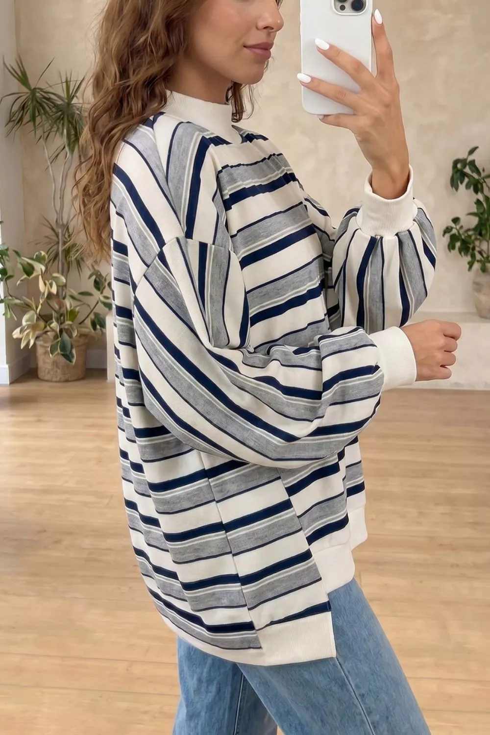 Striped Ribbed Stand Neck Long Sleeve Shift Silhouette Sweatshirt, image 2