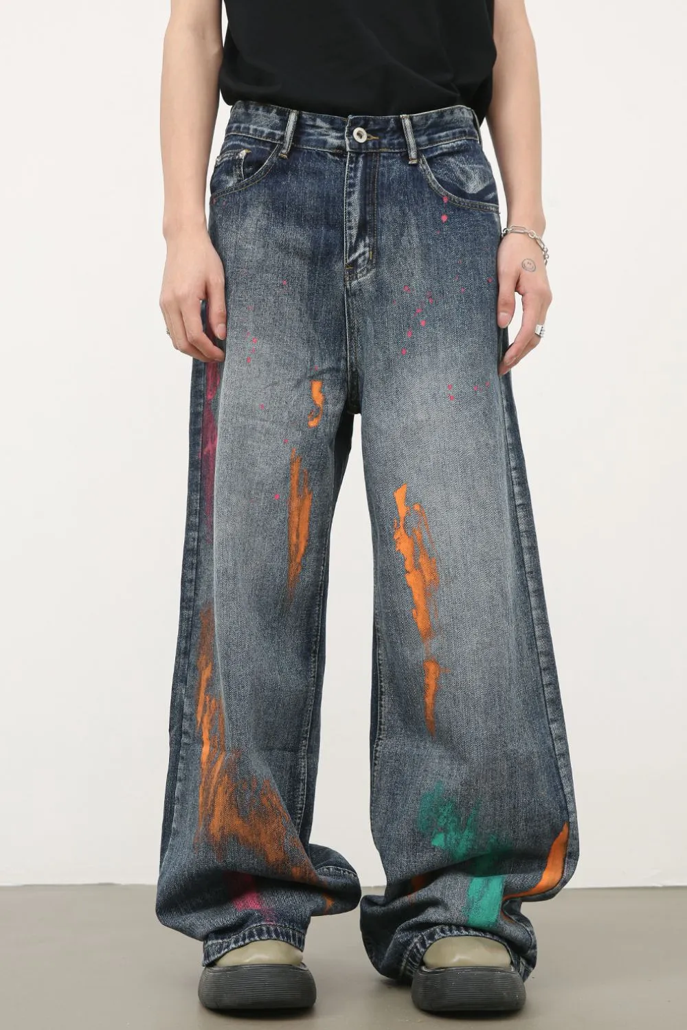 Men's Splash Print Wide Leg Jeans, image 2