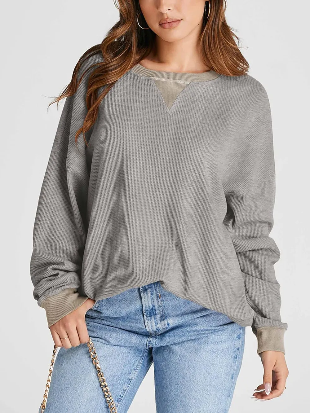Waffle Knit Round Neck Long Sleeve T-Shirt, image 2