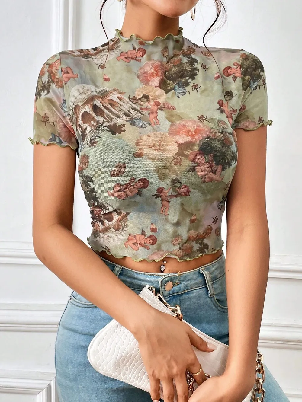 Abstract Print Ruffled Mock Neck Crop T-Shirt, image 9