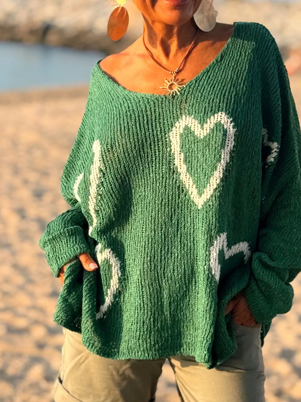 Heart V-Neck Dropped Shoulder Sweater, image 4