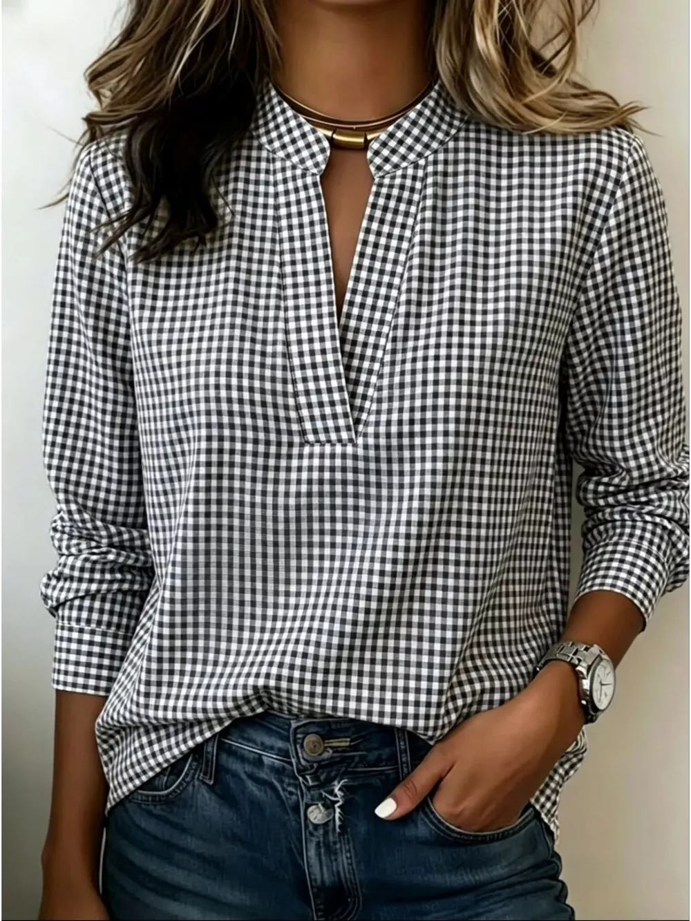 Full Size Plaid Notched Long Sleeve Blouse Plus Size, image 8
