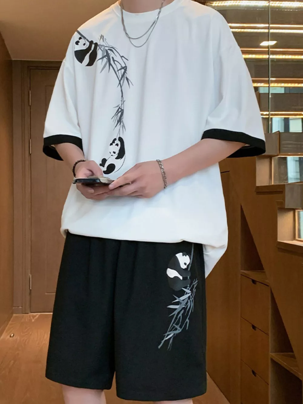 Men's Full Size Panda Bamboo Print Tee and Shorts Set Plus Size, image 2