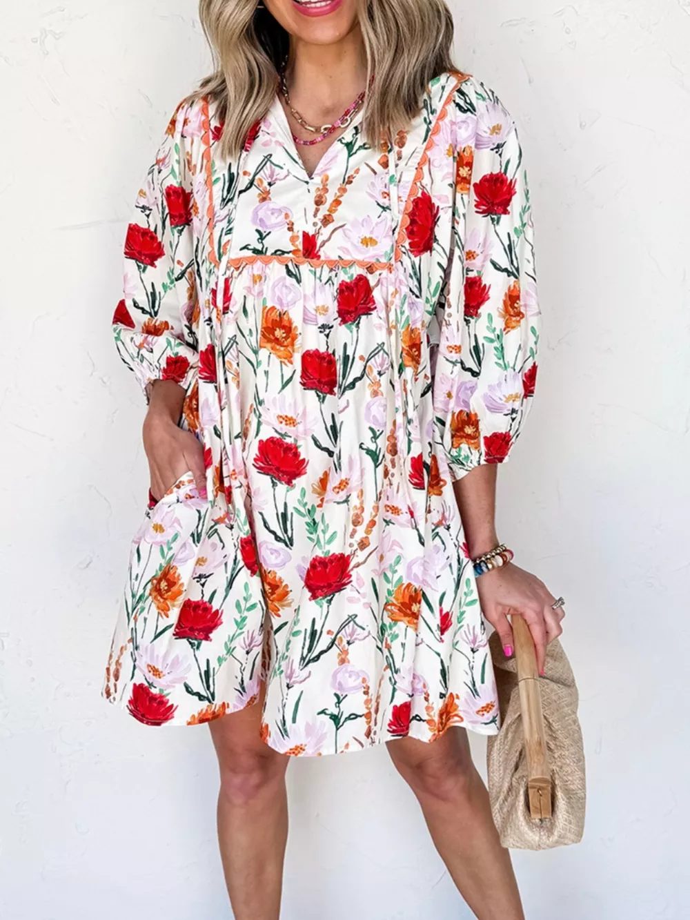 Floral Print 3/4 Sleeve Mini Dress, image 2