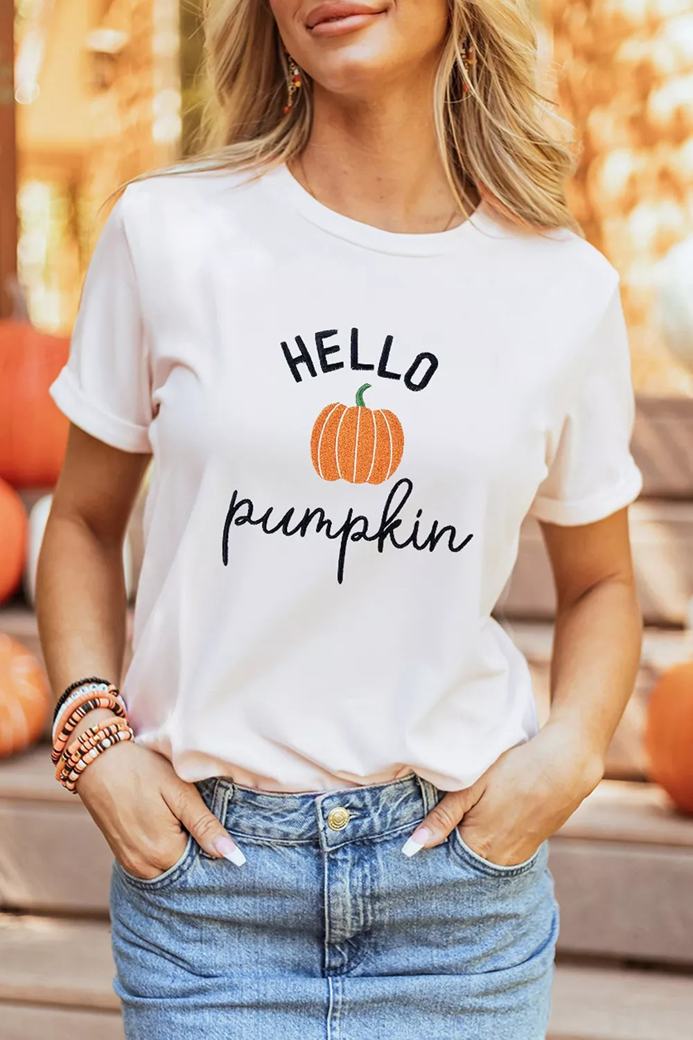 Embroidered Pumpkin Slogan Short Sleeve T-Shirt, image 2