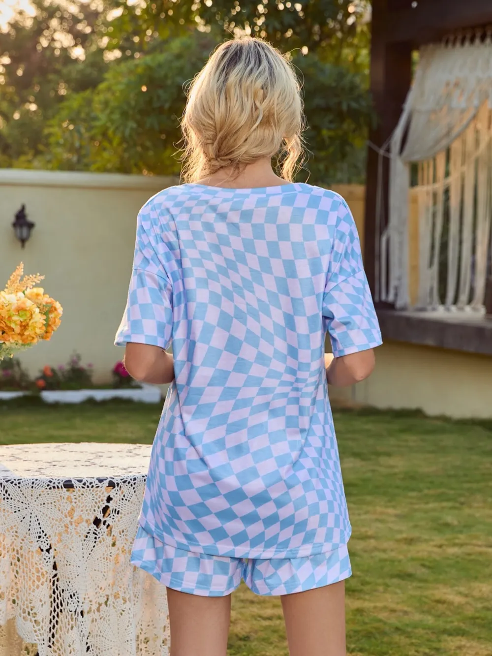 Plaid Round Neck Top and Shorts Lounge Set, image 6
