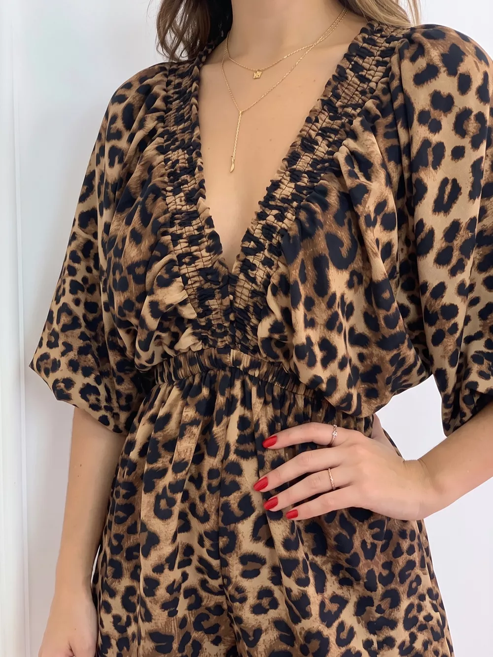 V-Neck Leopard Print Puff Sleeve Romper, image 6
