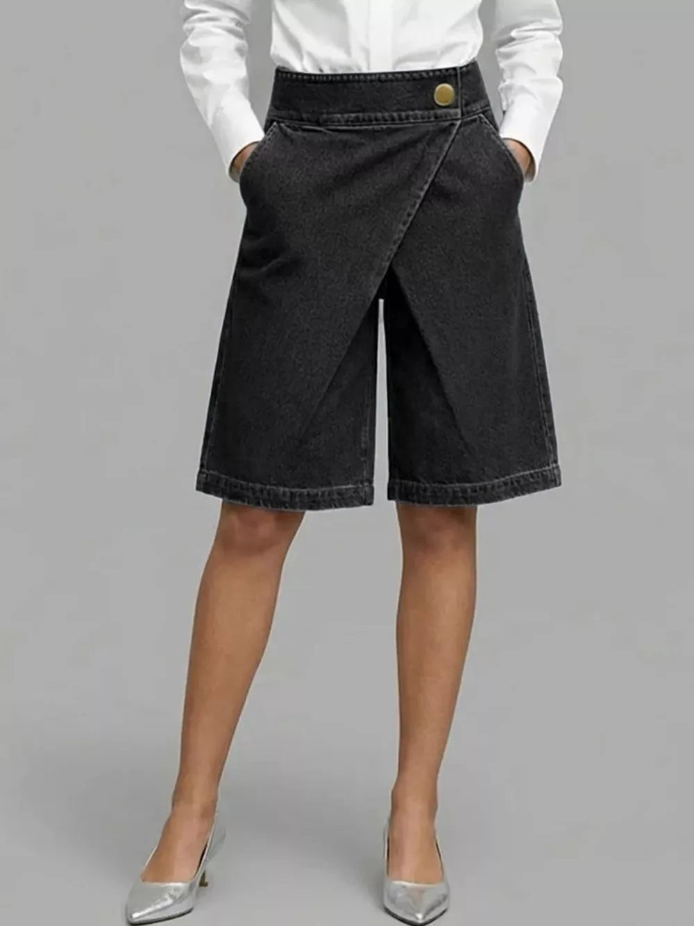 Full Size High-Waisted Wrap-Front Denim Look Shorts Plus Size