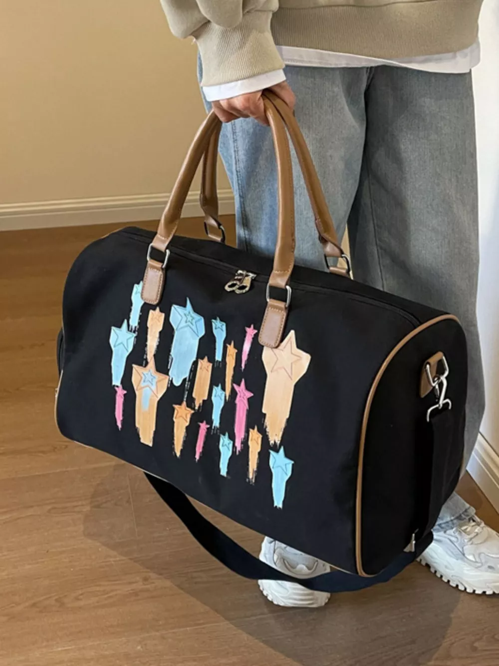 Canvas Duffle Bag with Shooting Star Print
