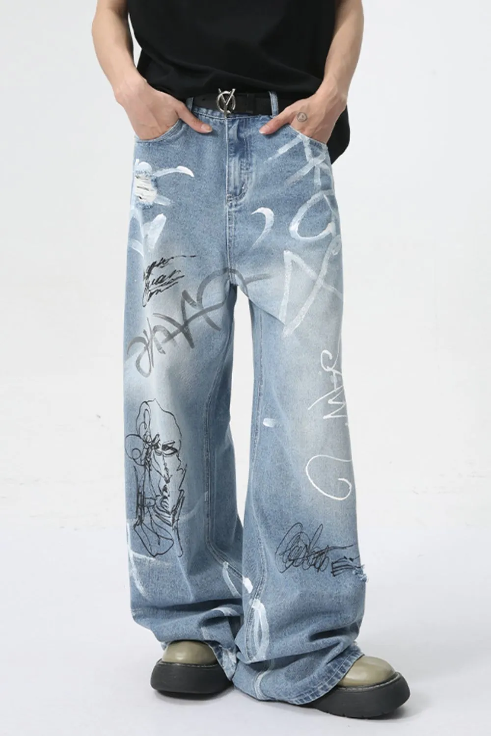 Mid Rise Graffiti Print Distressed Wide Leg Jeans, image 5