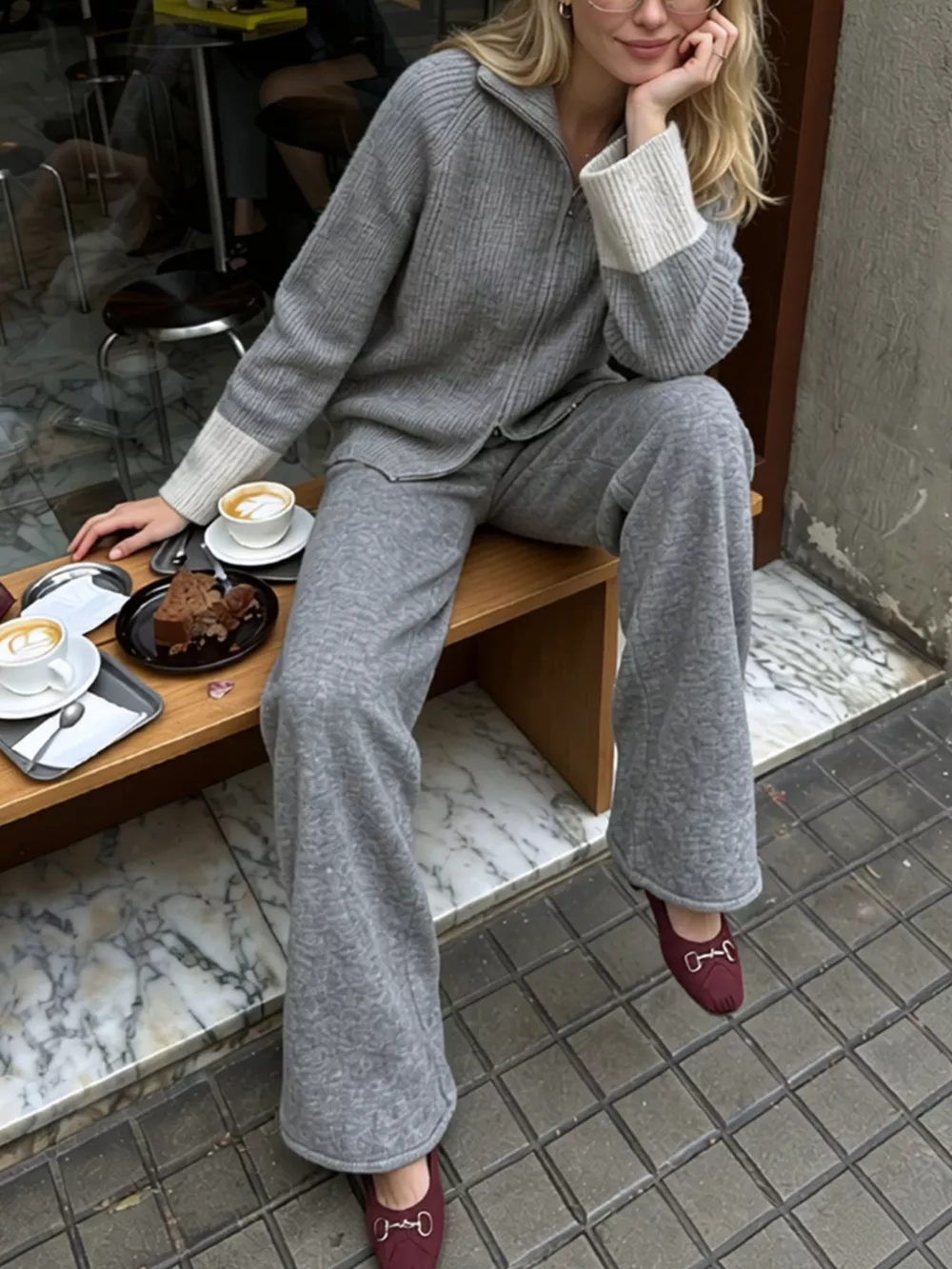 Zip-Up Contrast Cuff Cardigan and Pants Sweater Set, image 13