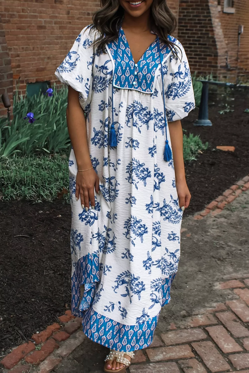 Floral Print Contrast Boho Patchwork V Neck Loose Midi Dress, image 2