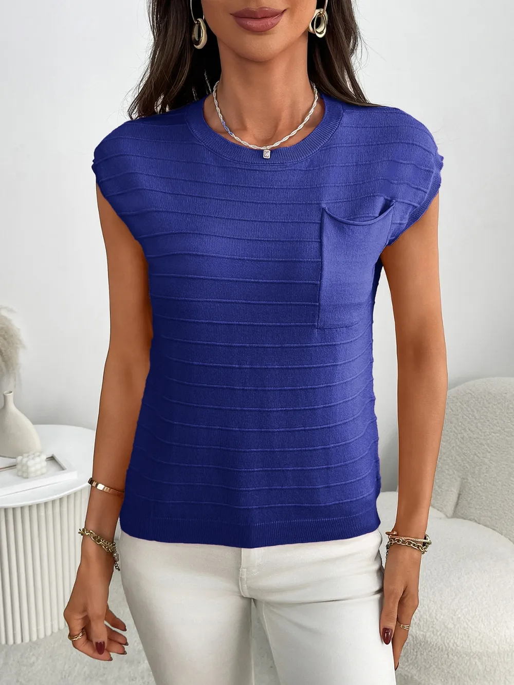 Round Neck Cap Sleeve Knit Top, image 15
