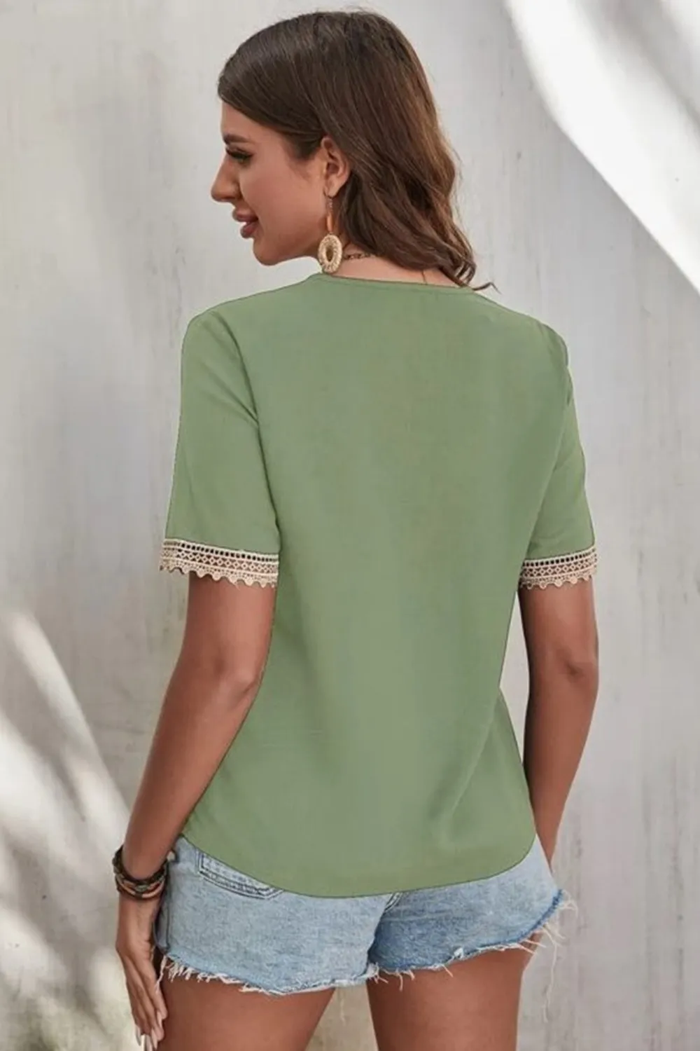 Full Size Lace Detail V-Neck Short Sleeve Blouse Plus Size, image 5