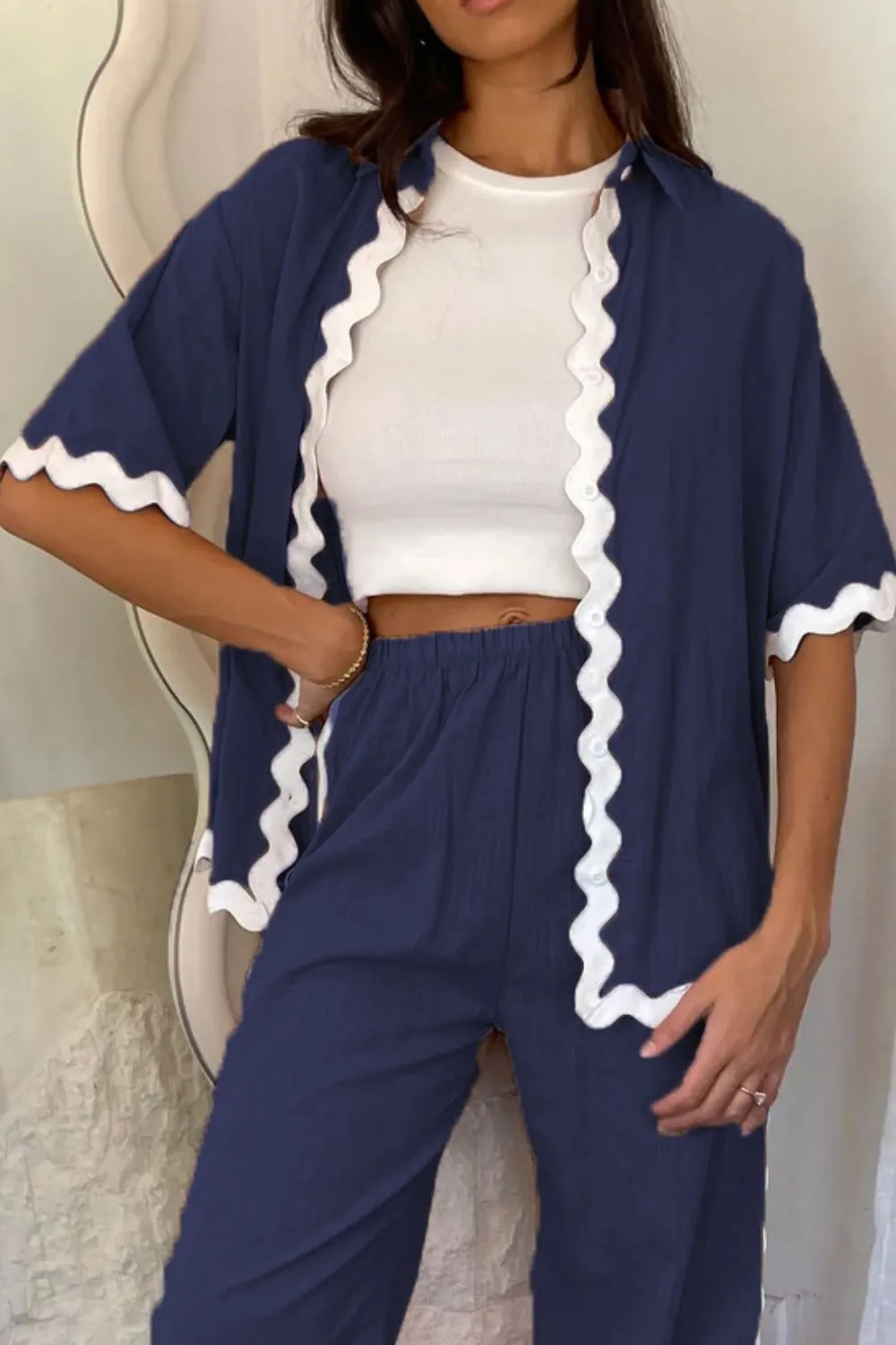 Contrast Trim Half Sleeve Top and Pants Set, image 3
