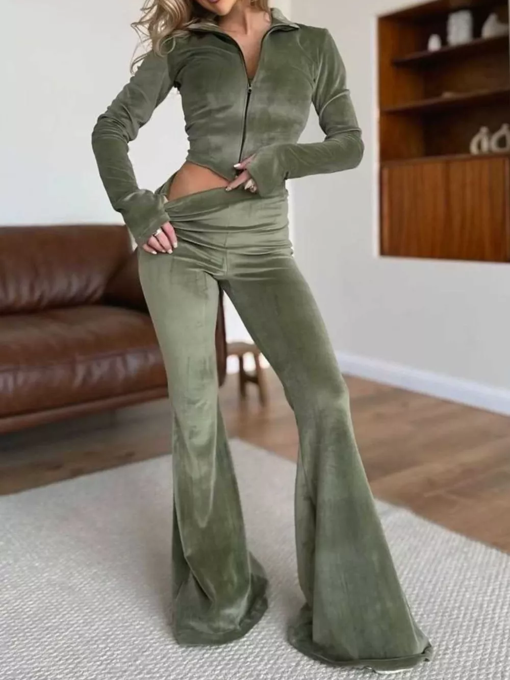 Zip-Up Crop Top and Flared Pants Two-Piece Set, image 2