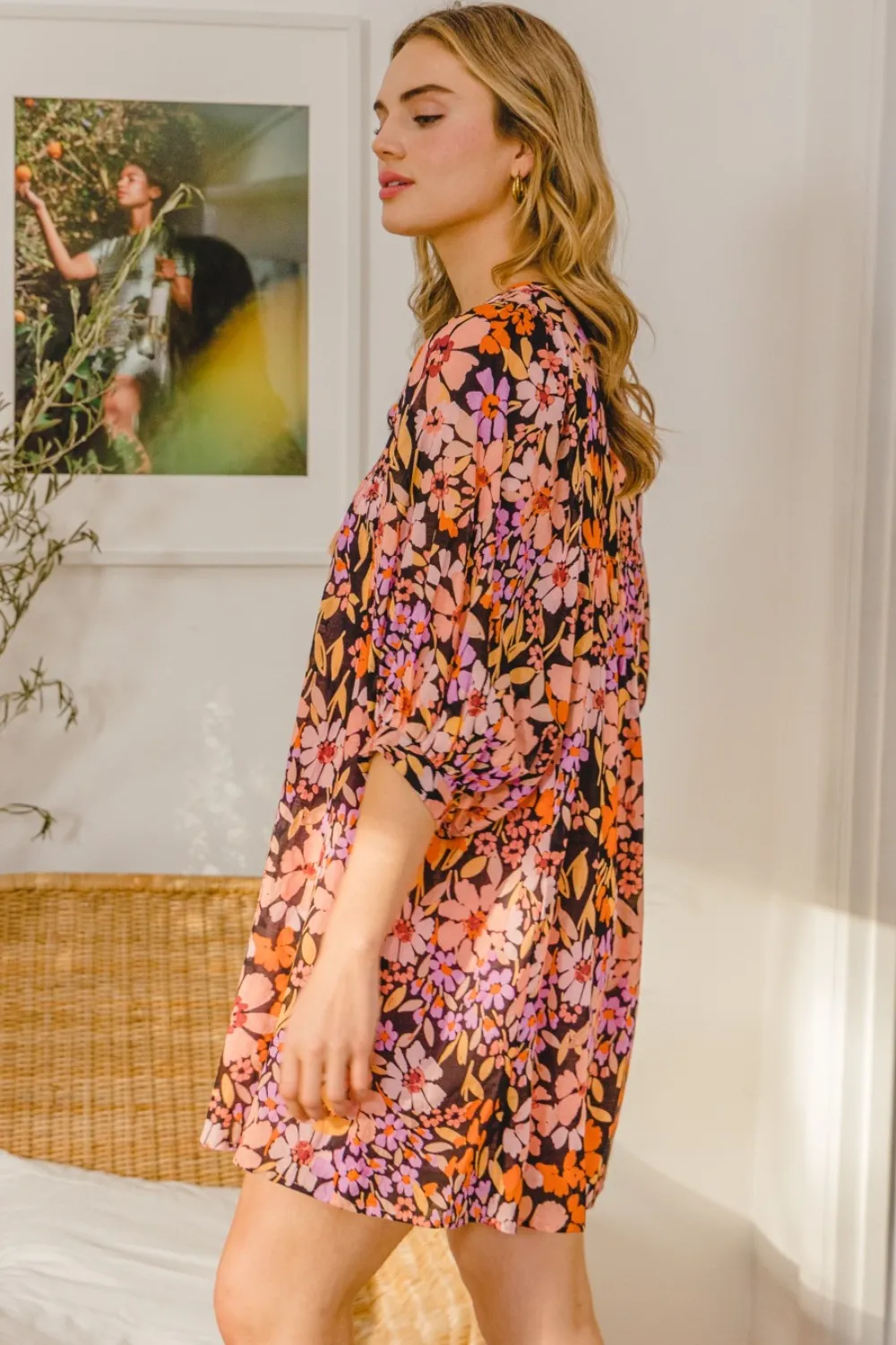Full Size Floral Tied Neck Mini Dress, image 2