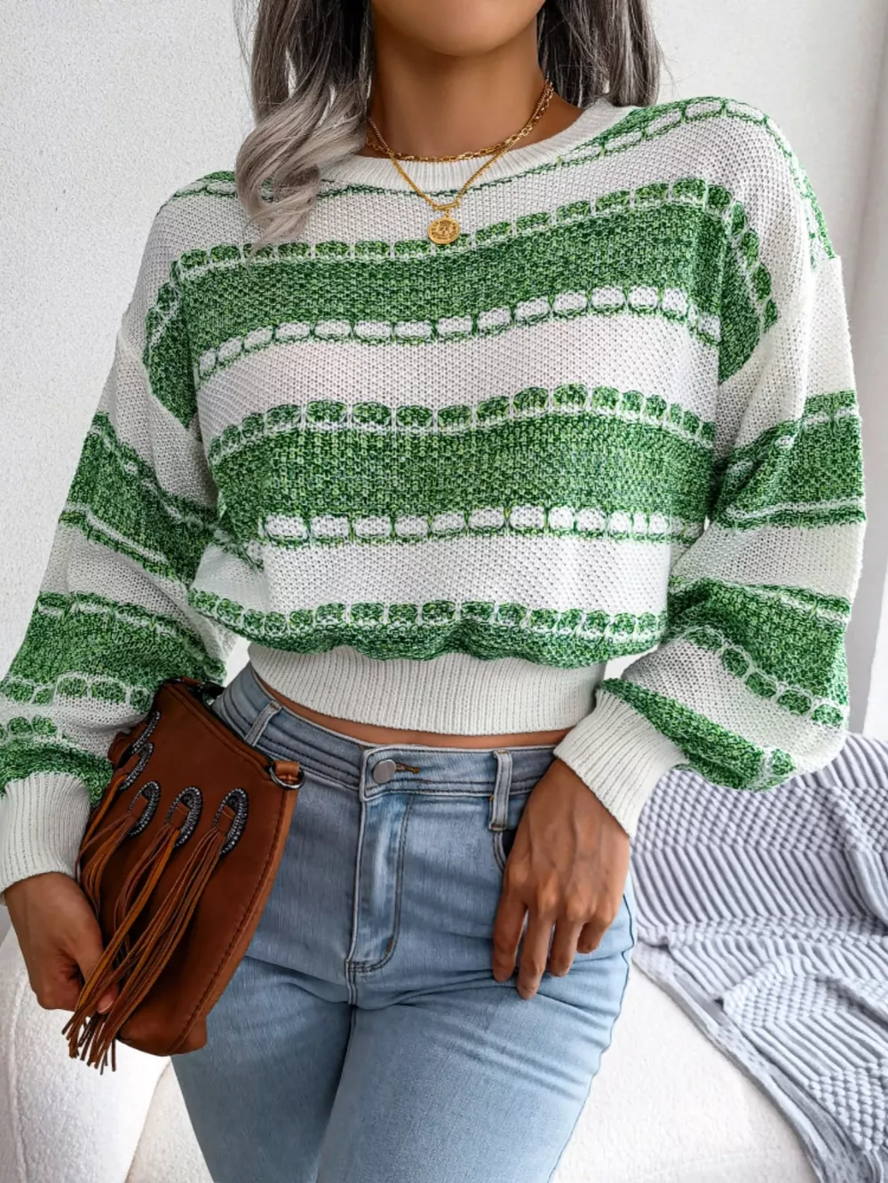 Color Block Round Neck Cropped Sweater, image 16