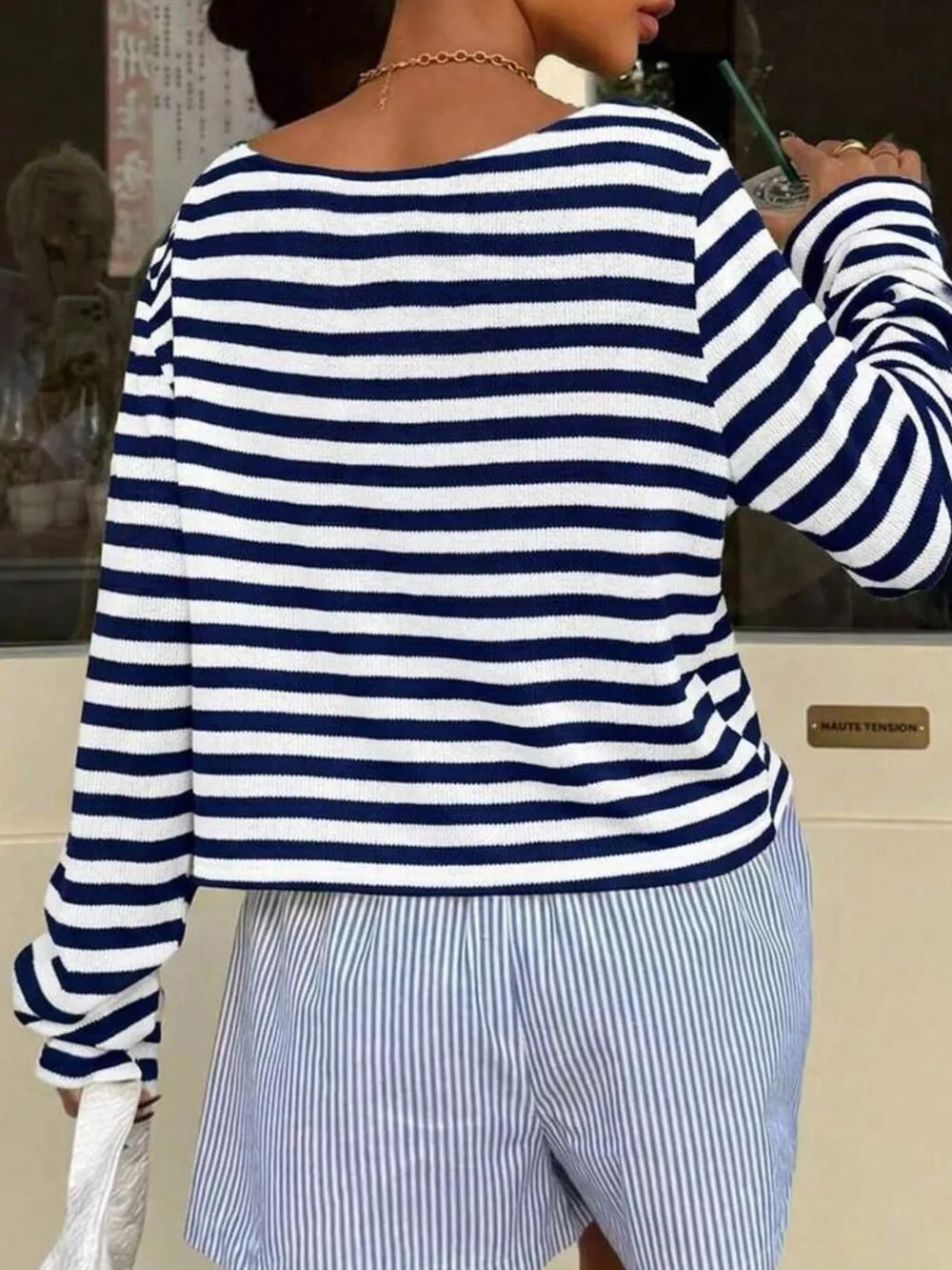 Boat Neck Striped Long Sleeve T-Shirt, image 12