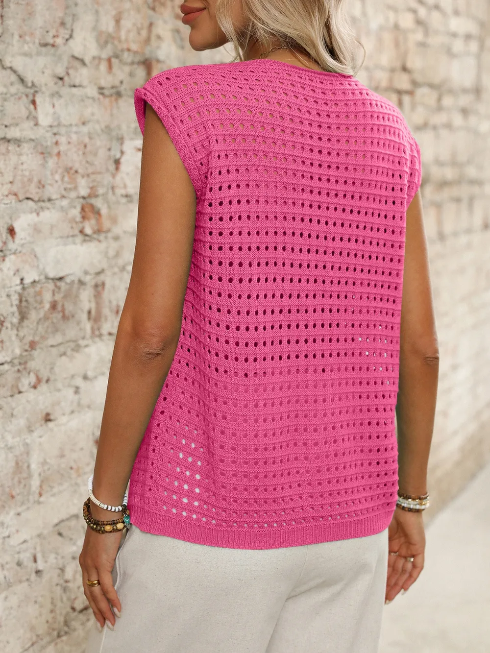 Tied Front Openwork V-Neck Knit Top, image 4