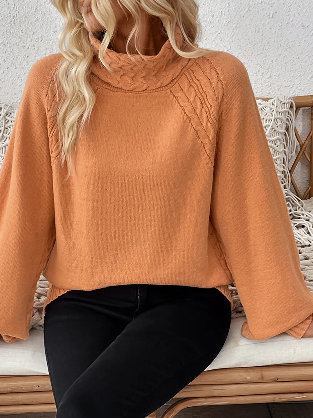 Cable-Knit Turtleneck Long Sleeve Sweater, image 5