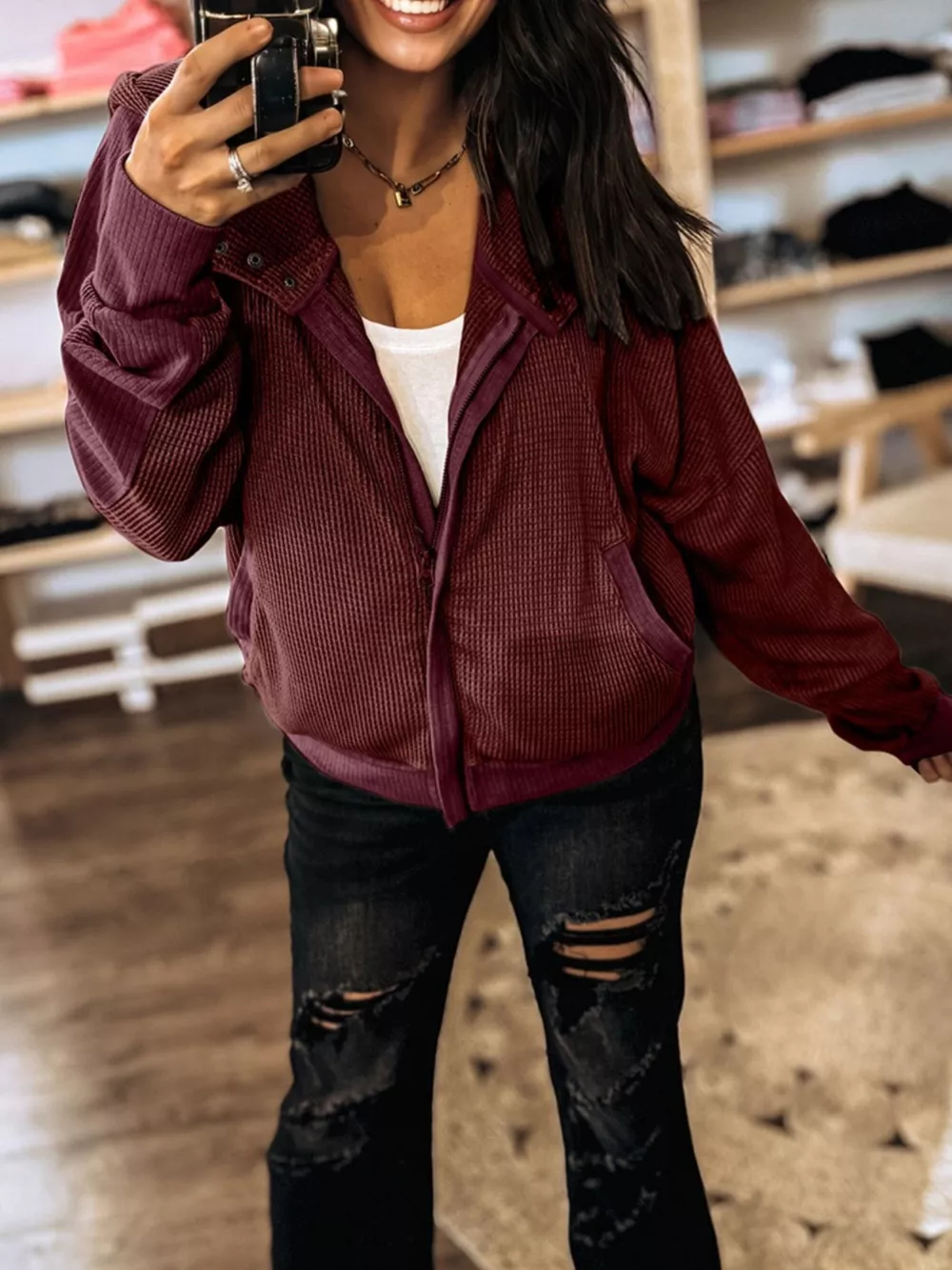 Waffle Zip Up Hooded Jacket with Pockets, image 3