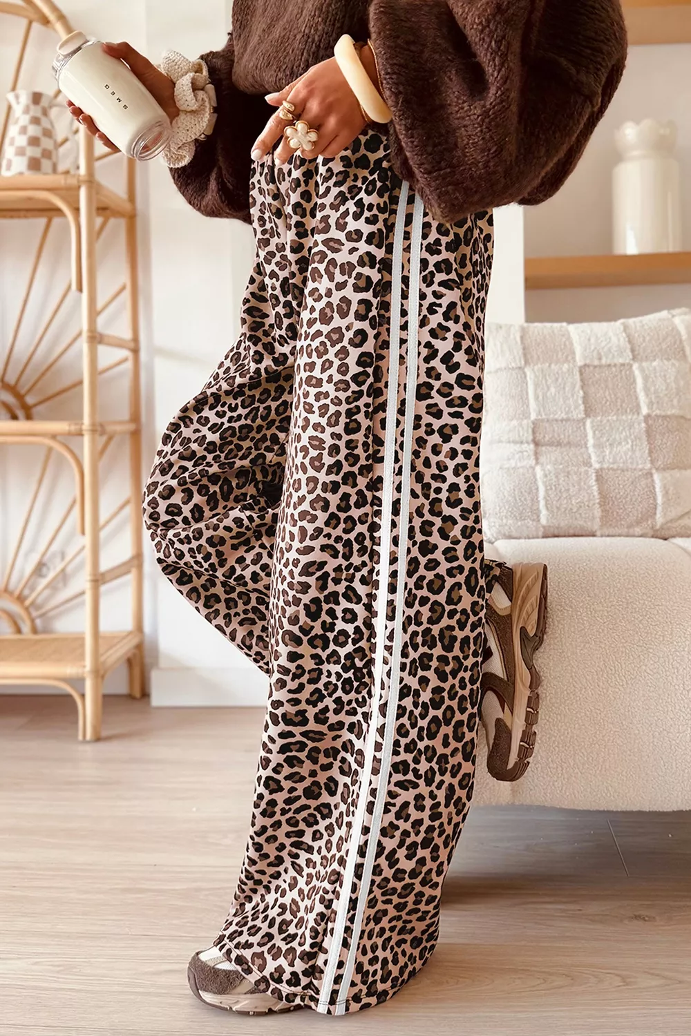 Leopard Print Side Striped Detail Casual Wide Leg Pants, image 4