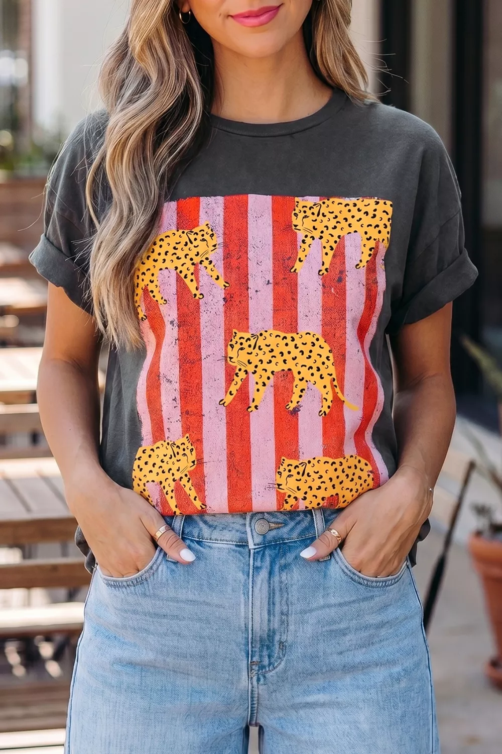 Cheetah Striped Print Retro Graphic Tee, image 2