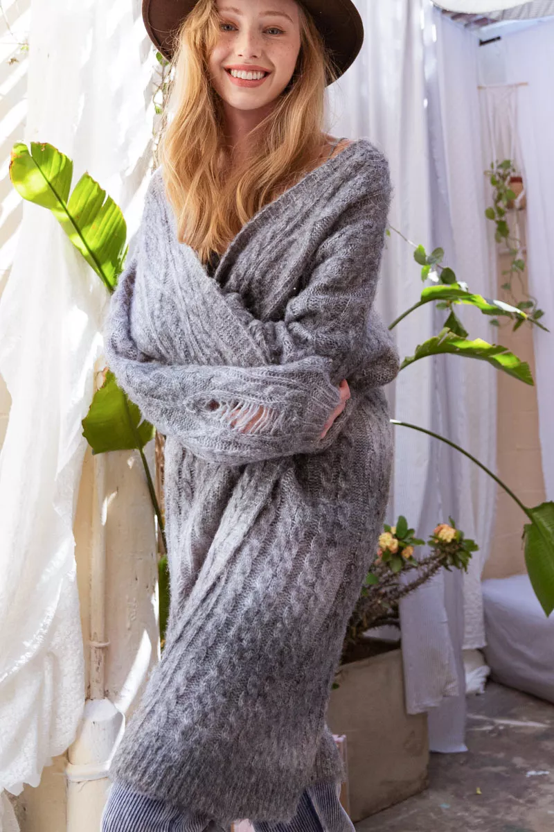 Distressed Cable-Knit Ombre Dying Cardigan, image 6