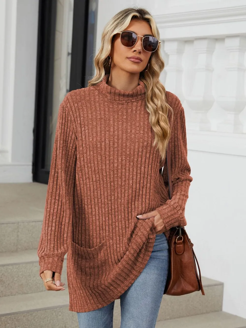 Ribbed Mock Neck Long Sleeve T-Shirt, image 30