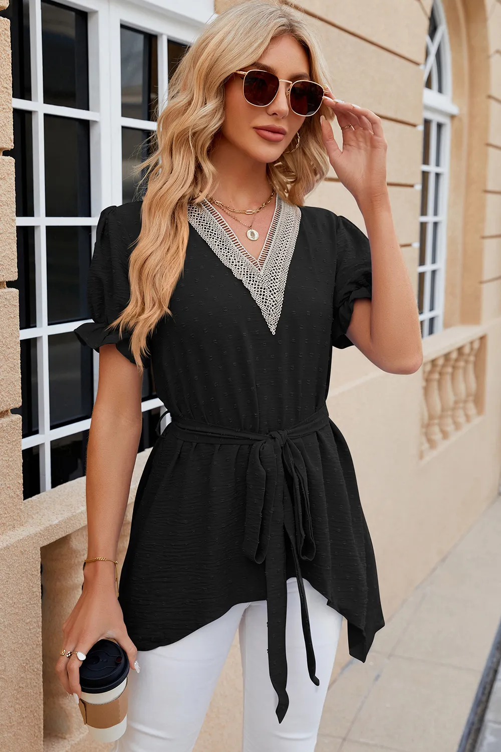 Swiss Dot Tie Waist Flounce Sleeve Blouse, image 7