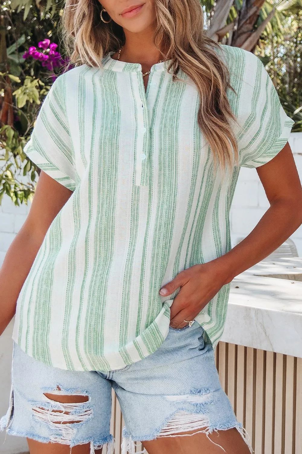 Breathable Gauze Half Button Short Sleeve Casual Blouse