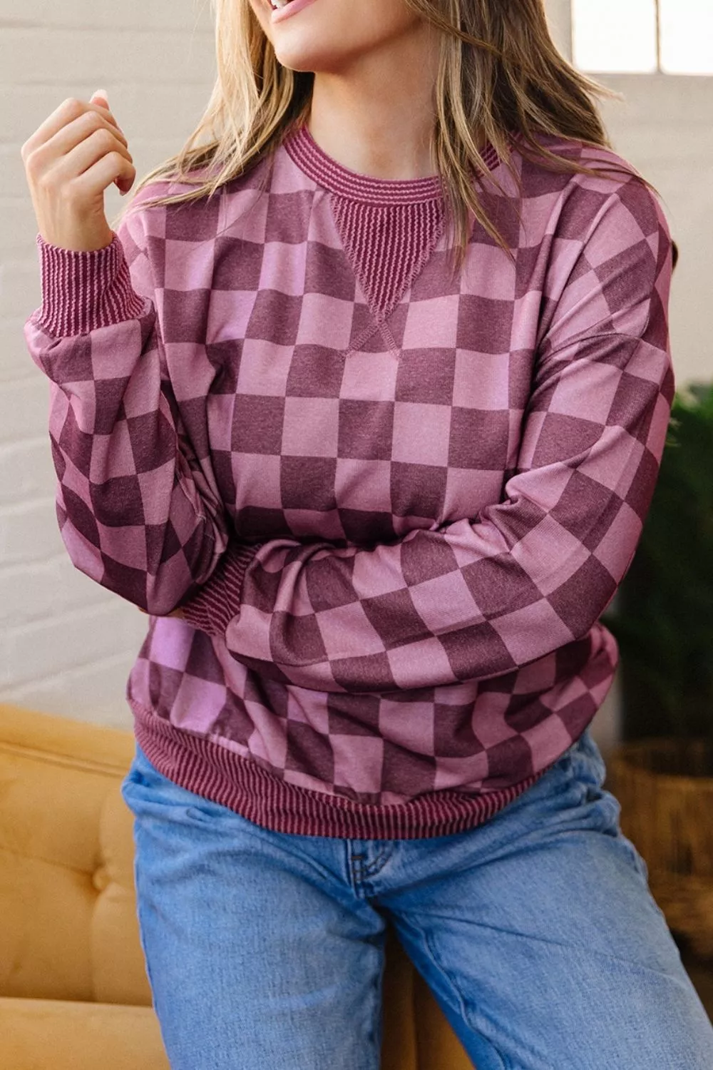 Ribbed Trim Checkered Print Long Sleeve Pullover Top, image 5